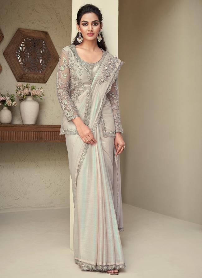 Rainbow Shimmer  Grey Party Wear Embroidery Work Saree